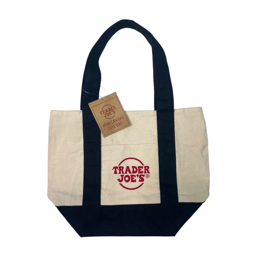 Trader Joes Mini Canvas Tote Bag Cream Blue Logo Embroidered Reusable Grocery